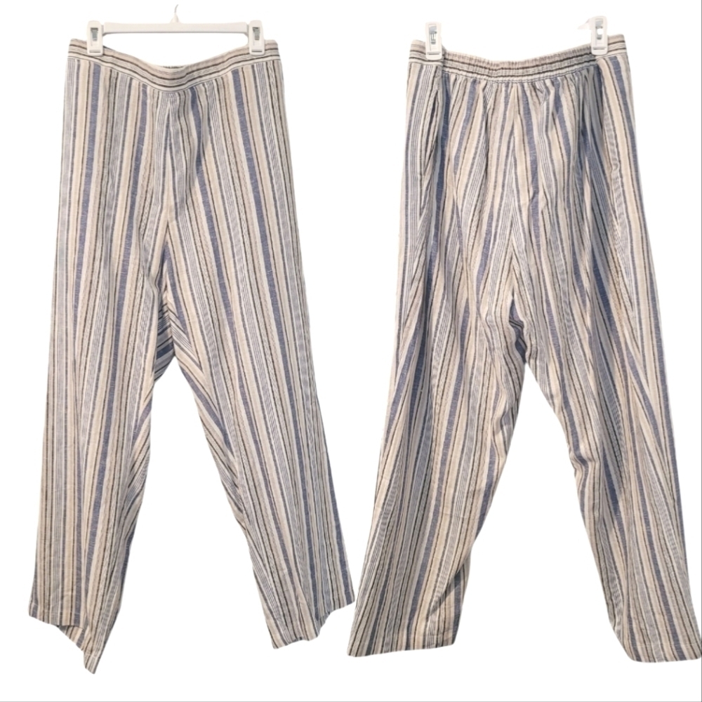 Women's 24W Petite striped Linen blend pull-on wide leg pants beach boho casual